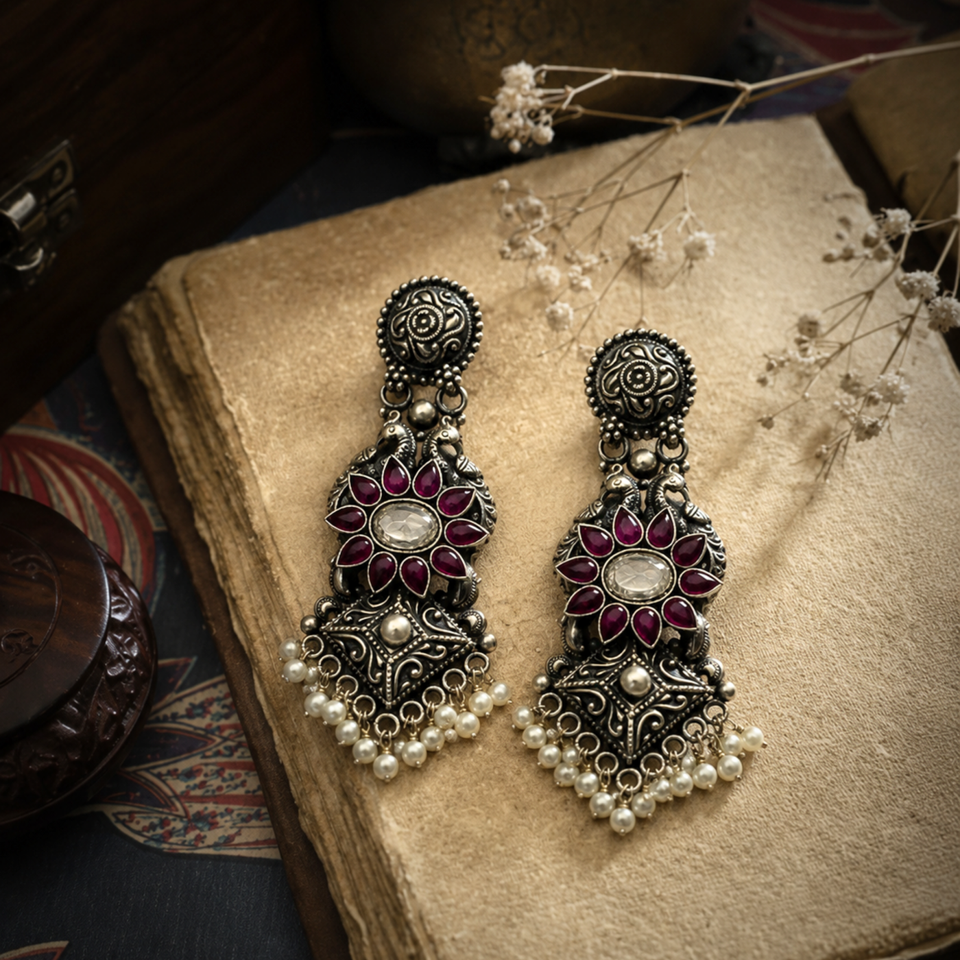 Sterling Silver Thewa Meenakari Heritage Earrings