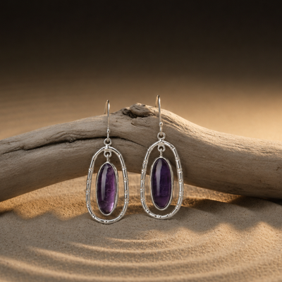 Sterling Silver Amethyst Oval shaped Drop Designer Earring