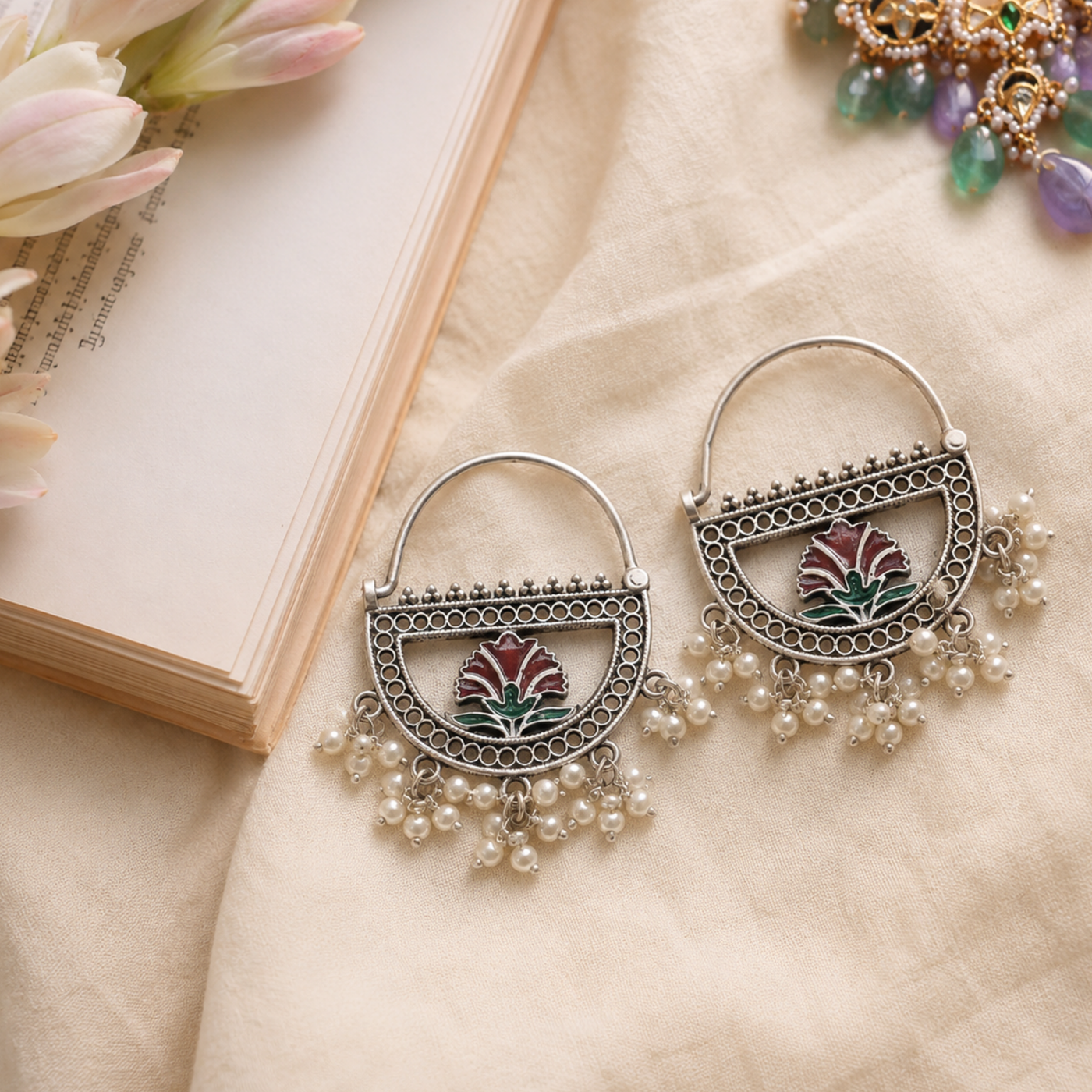 Sterling Silver Meenakari Baali Earrings