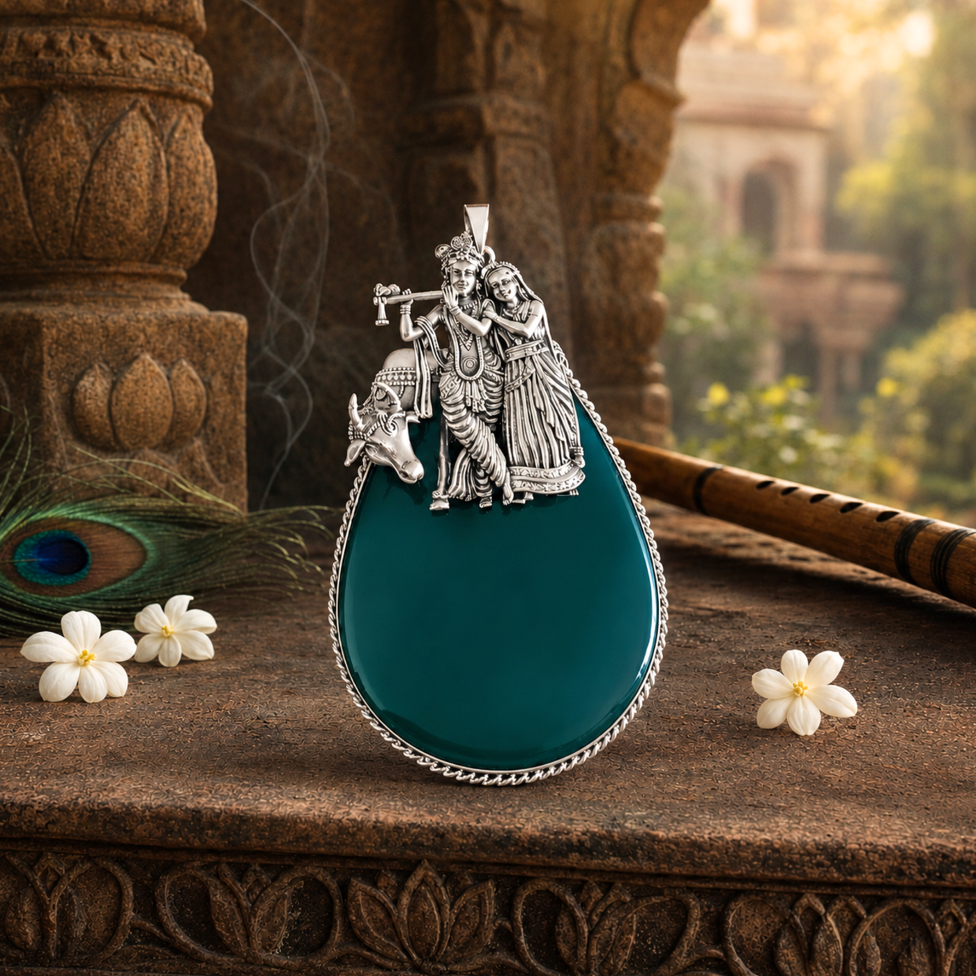 Sterling Silver Radha Krishna Green Onyx Pendant