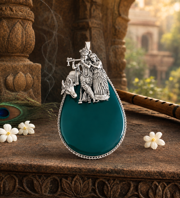 Sterling Silver Radha Krishna Green Onyx Pendant