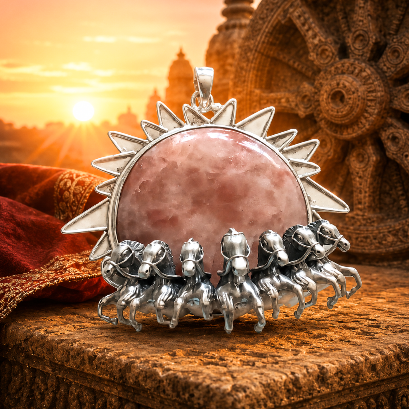 Sterling Silver Seven Horses Rising Sun Pendant