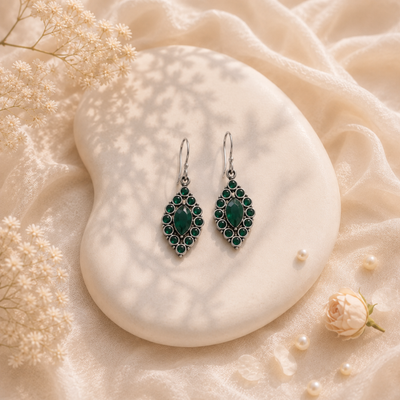 Sterling Silver Crimson Elegance Drops Earring - Emerald Green