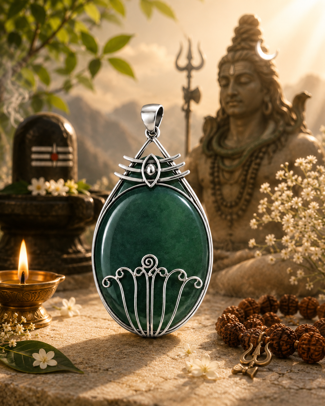 Sterling silver third-eye and lotus pendant set with a green aventurine oval cabochon, before a Shiva idol — Silver Play