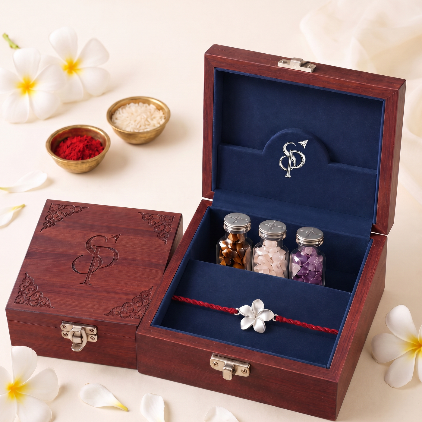 Sterling Silver Frangipani Rakhi in Silver Play gift box