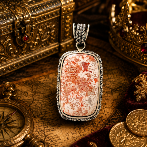 Sterling Silver Mann Sukh Pink Lace Agate Kavach Pendant