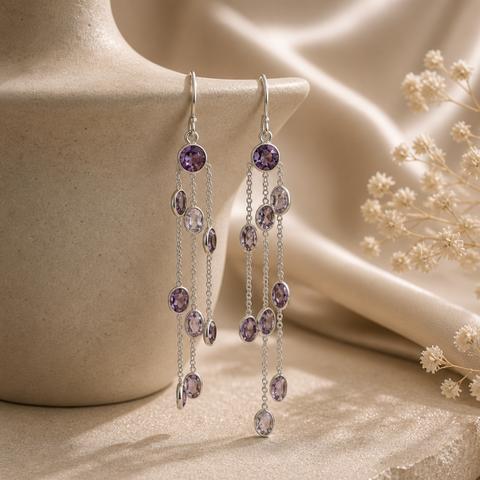 Sterling Silver Amethyst three strings Dangle Earring - Purple
