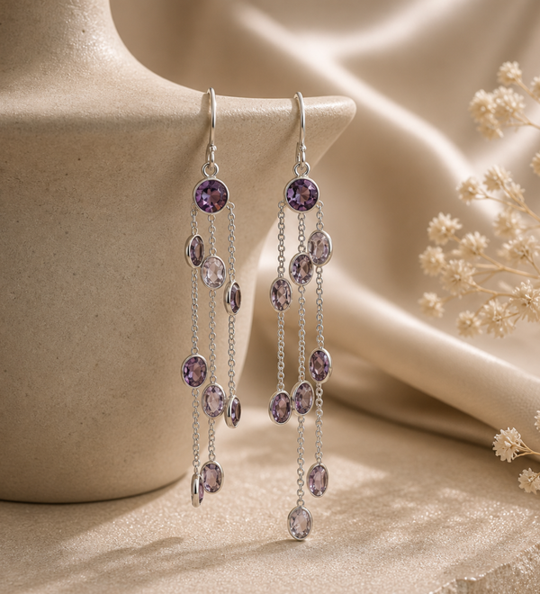 Sterling Silver Amethyst three strings Dangle Earring - Purple