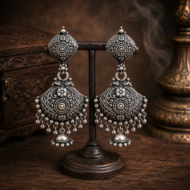 Sterling Silver Antique Meenakari Drop Earrings