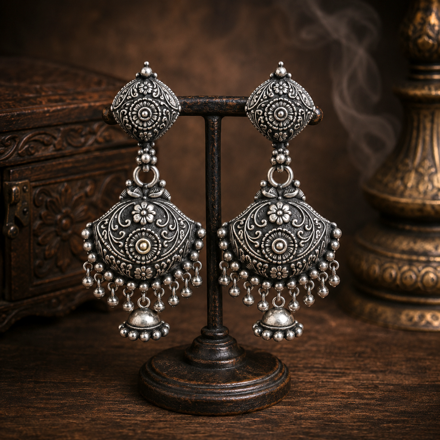 Sterling Silver Antique Meenakari Drop Earrings