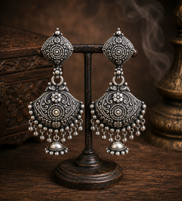 Sterling Silver Antique Meenakari Drop Earrings