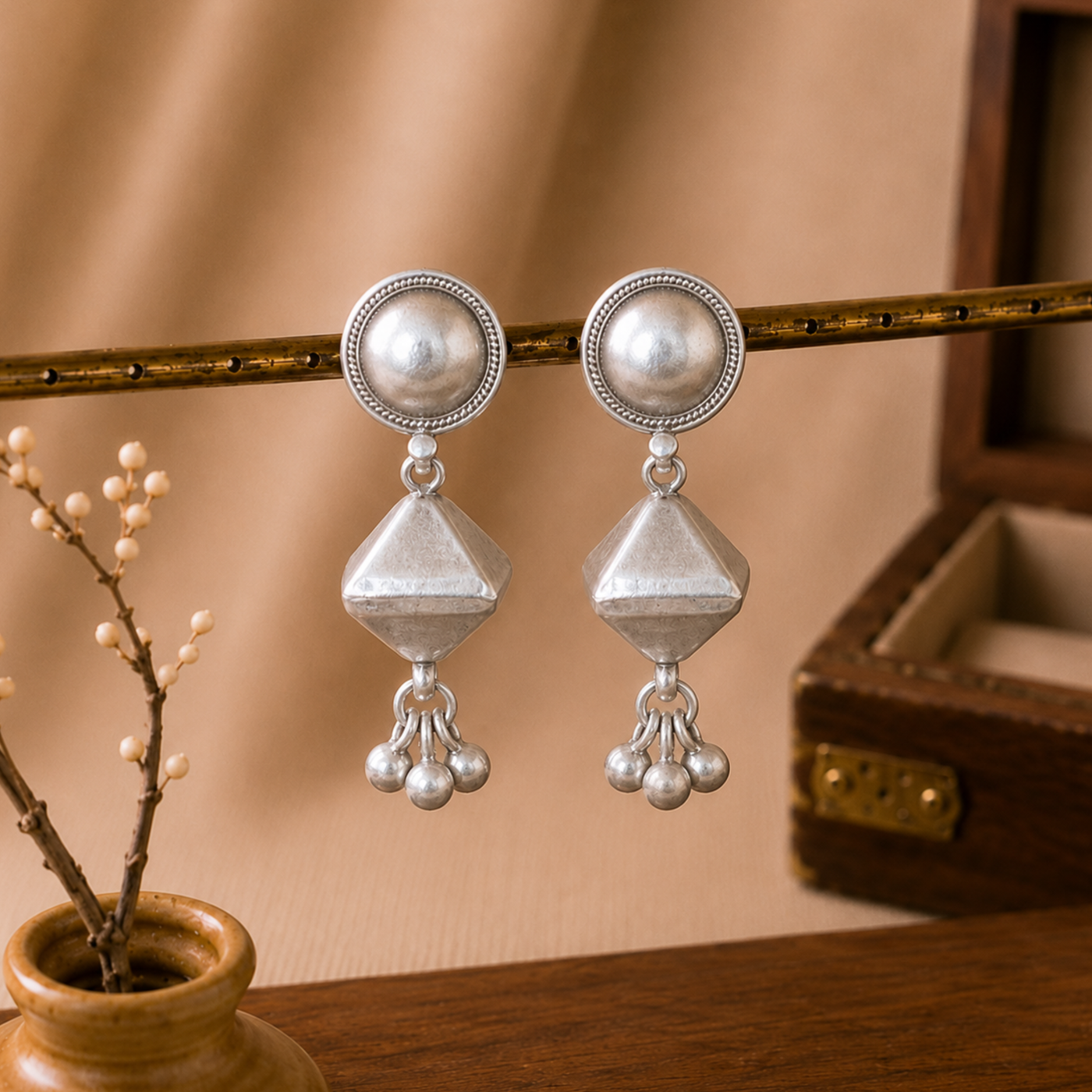 Sterling Silver Bicone Ghungroo Drop Earrings