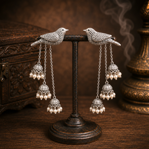 Sterling Silver Bird Jhumka Cascade Earrings