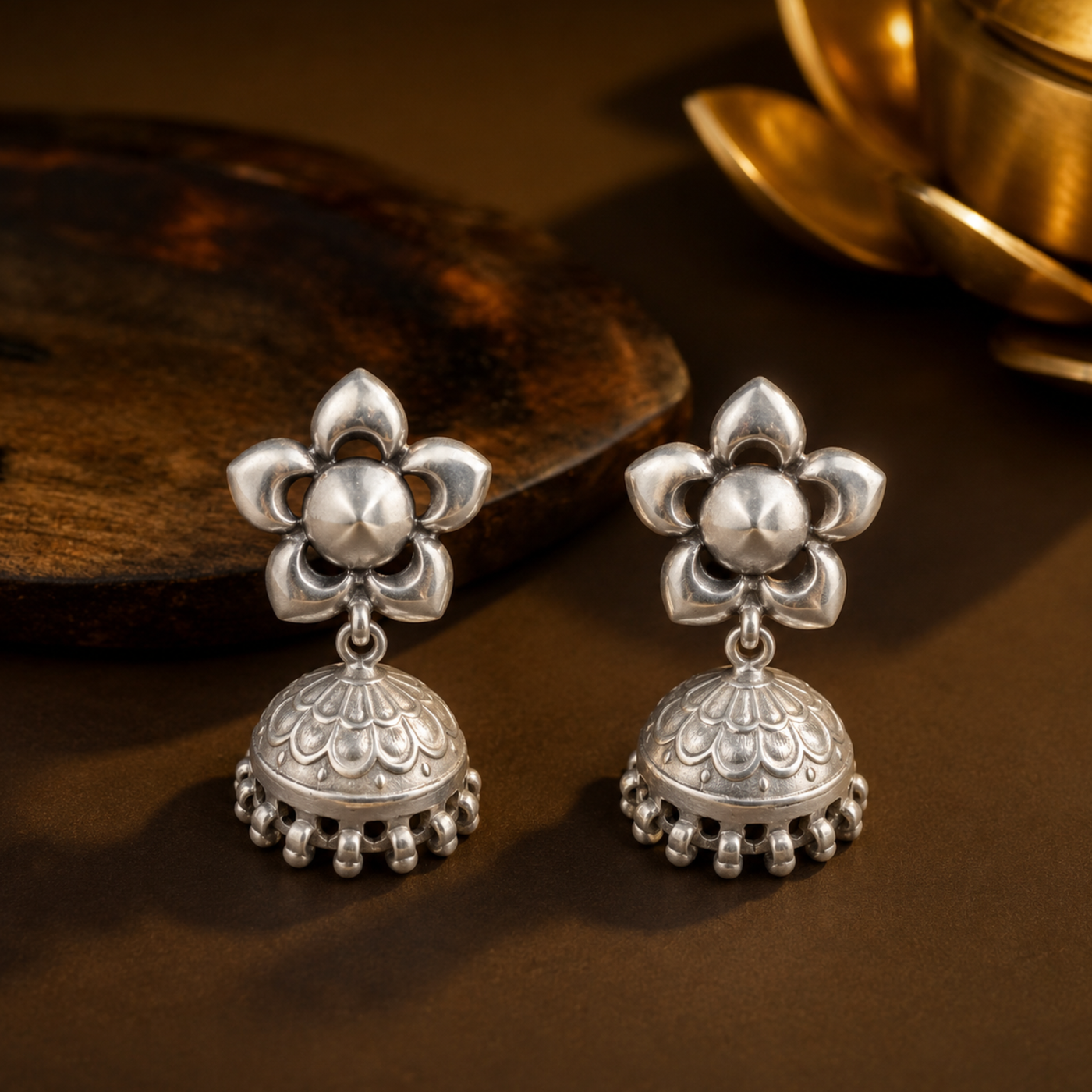 Sterling Silver Blossom Jhumka Earrings