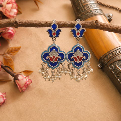 Sterling Silver Blue Meenakari Mughal Earrings