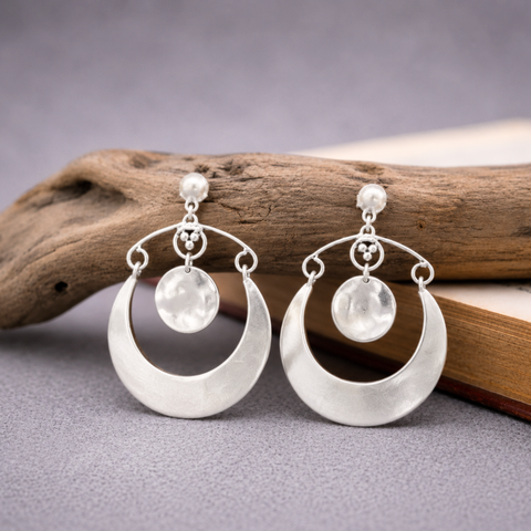 Sterling Silver Crescent Disc Drop Earrings