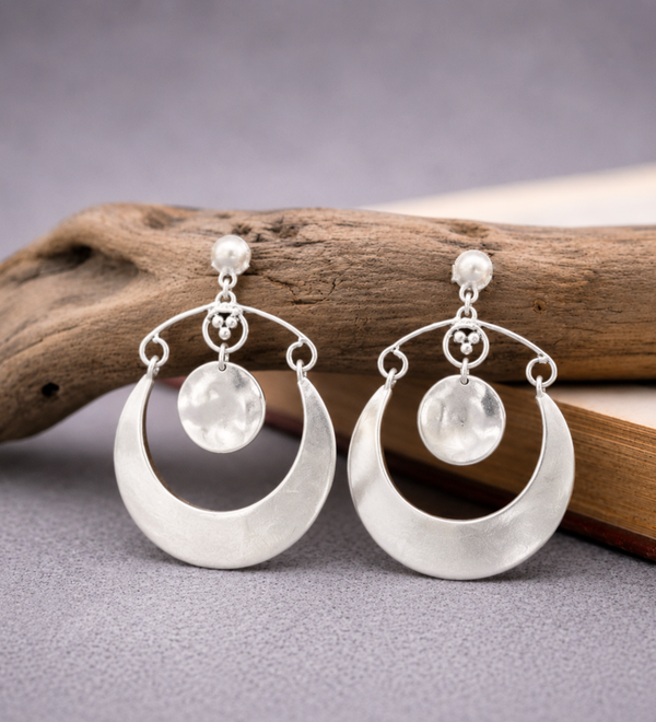 Sterling Silver Crescent Disc Drop Earrings