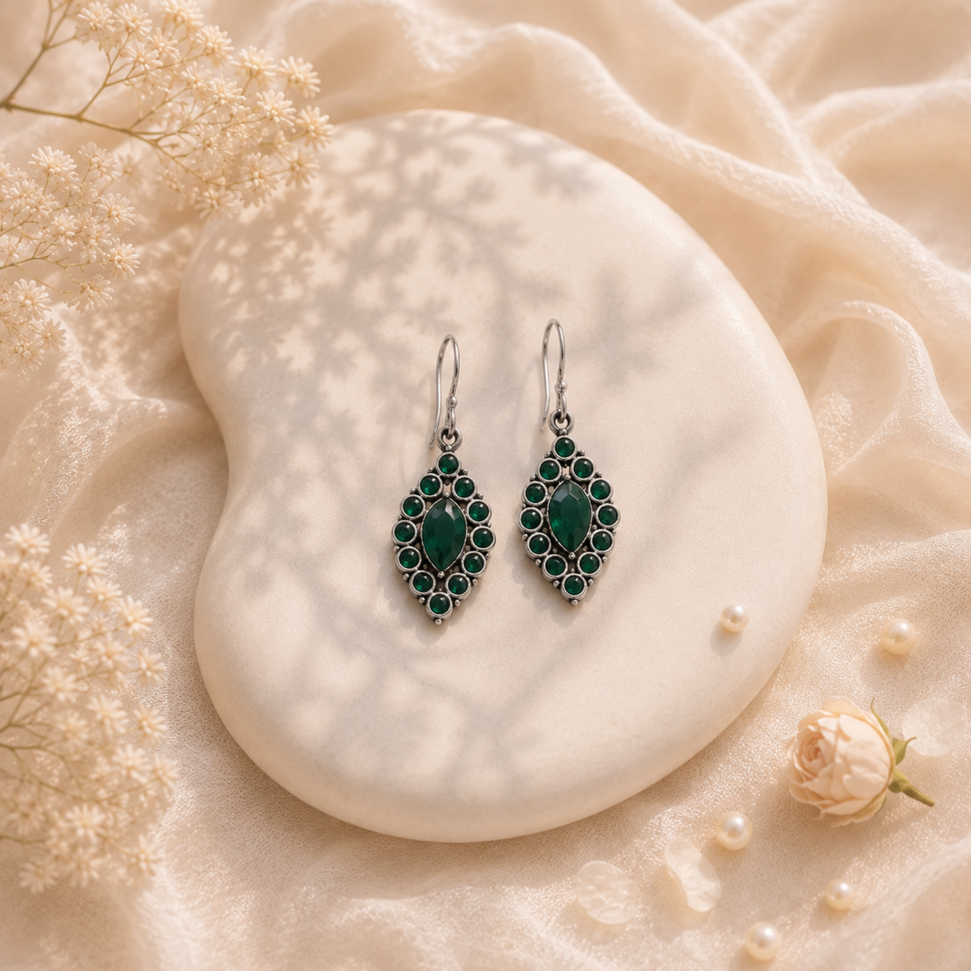 Sterling Silver Crimson Elegance Drops Earring - Emerald Green