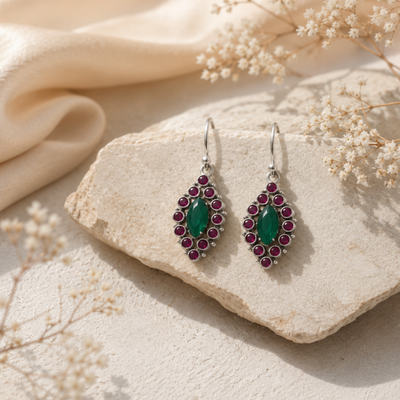 Sterling Silver Crimson Elegance Drops Earring - Mix of Pink and Green