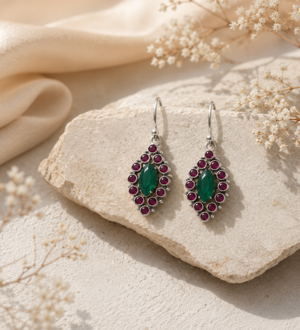 Sterling Silver Crimson Elegance Drops Earring - Mix of Pink and Green