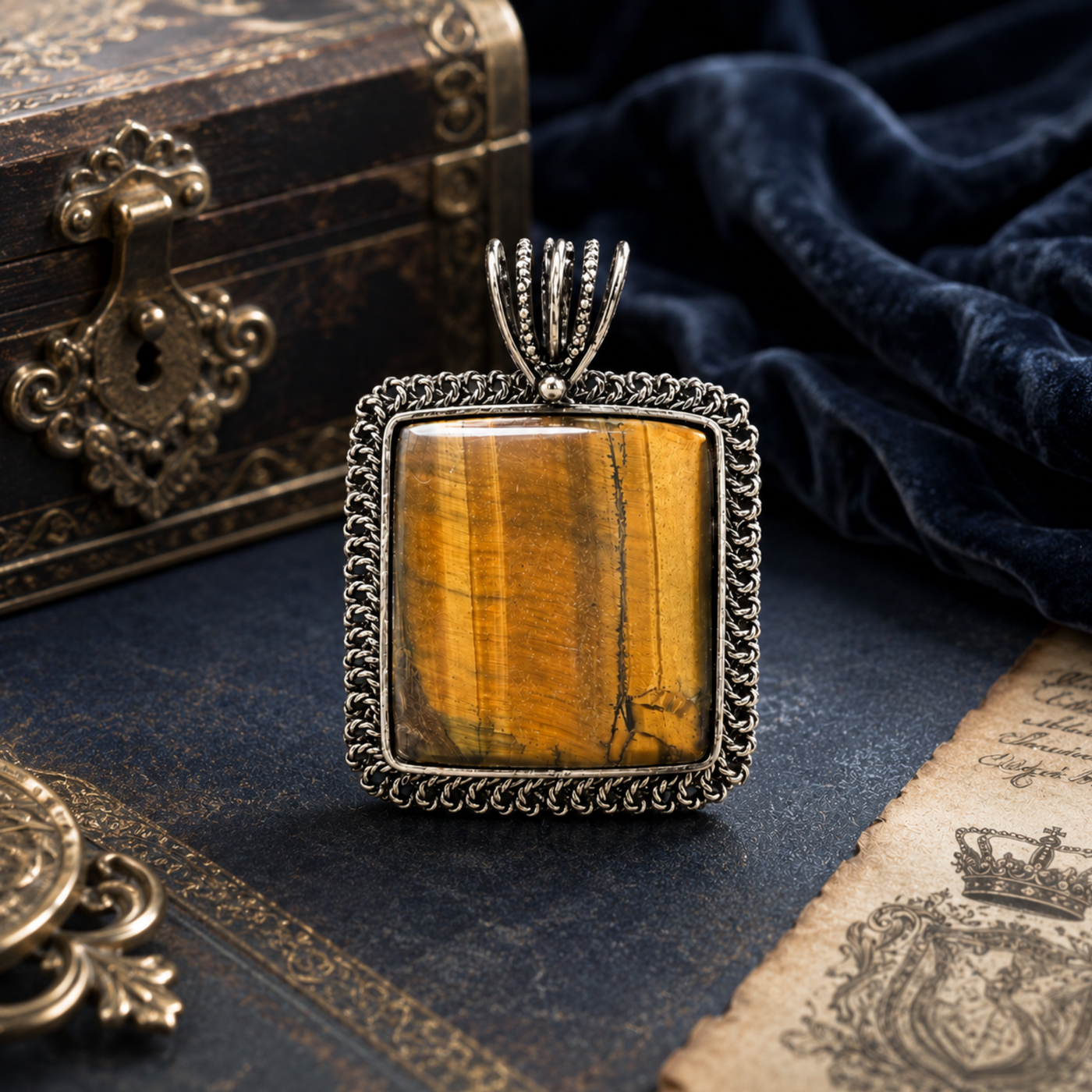 Sterling Silver Dhan Drishti Tiger Eye Kavach Pendant
