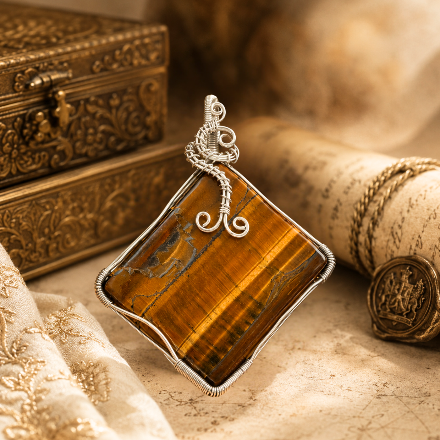 Sterling Silver Dhan Siddhi Tiger Eye Kavach Pendant