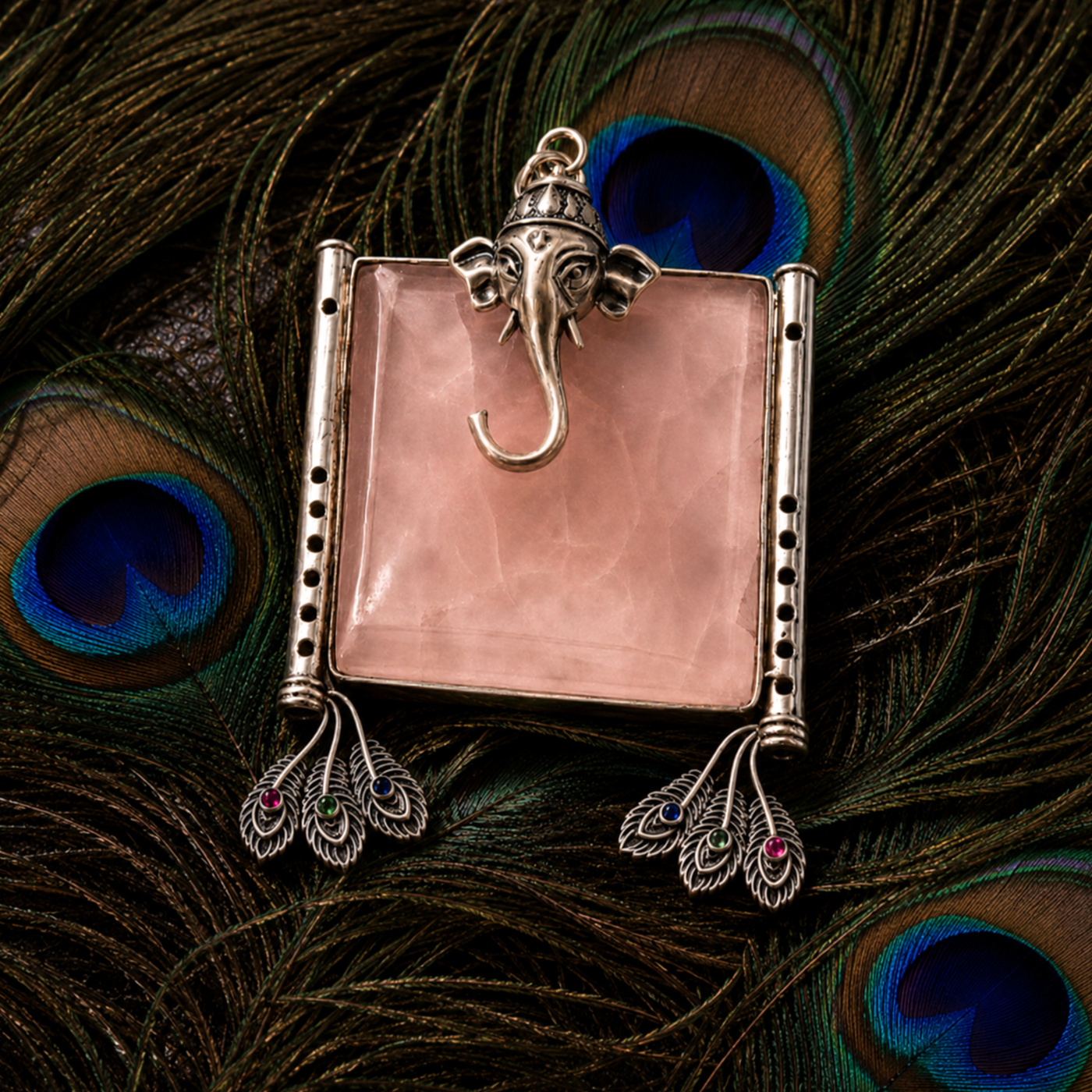 Sterling Silver Ganesh Feather Rose Quartz Pendant