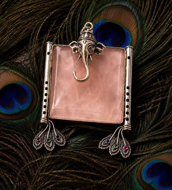 Sterling Silver Ganesh Feather Rose Quartz Pendant