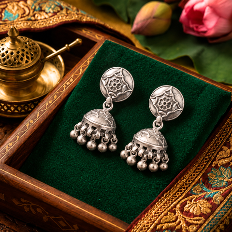 Sterling Silver Ghungroo Dome Jhumka Earrings