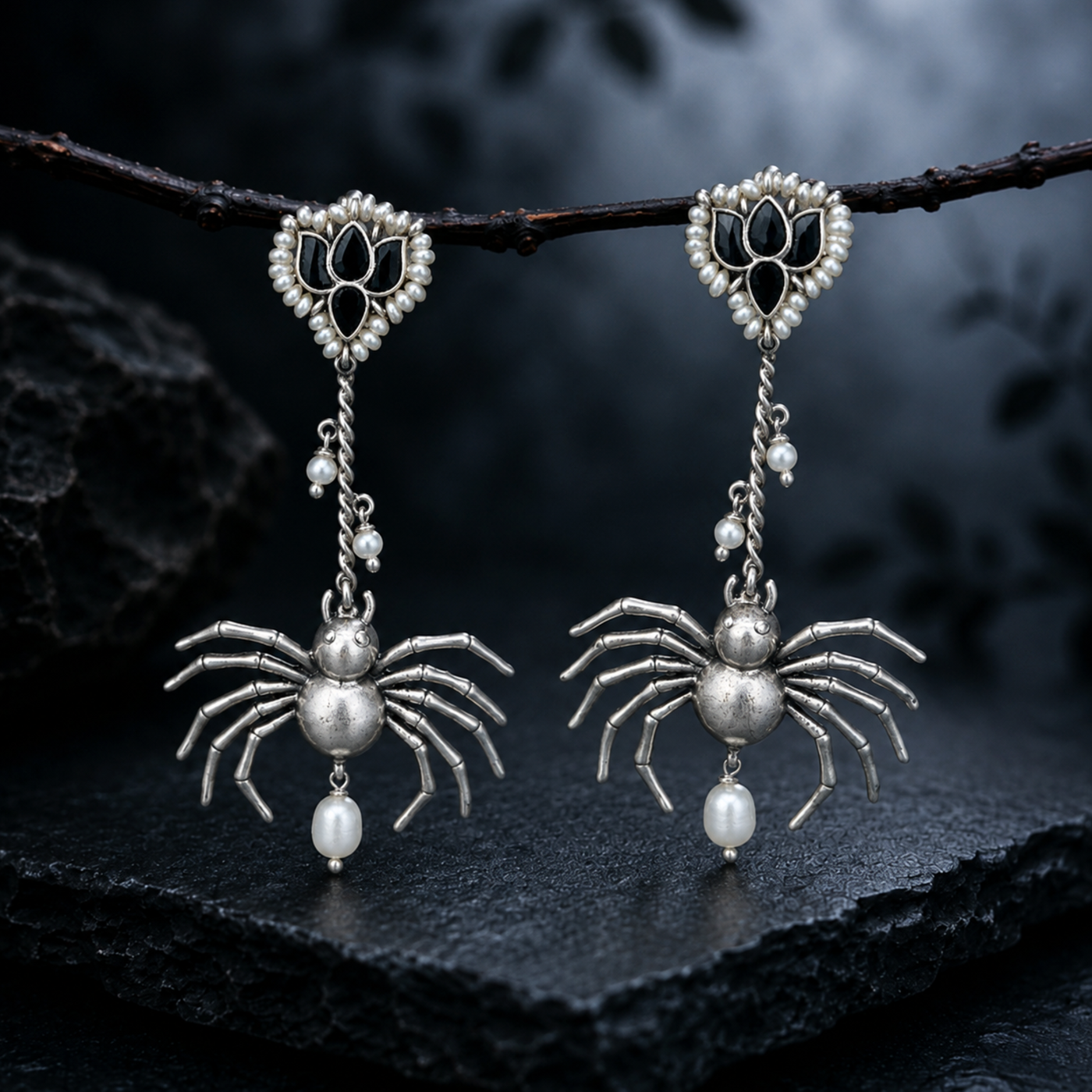 Sterling silver gothic spider drop earrings with black onyx lotus stud, hanging from a branch
