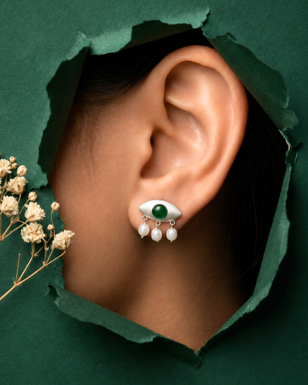 Sterling Silver Green Onyx Evil Eye Earrings