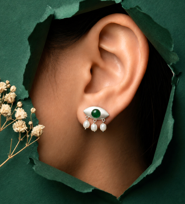 Sterling Silver Green Onyx Evil Eye Earrings