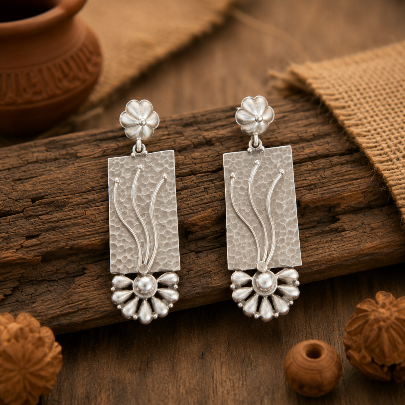 Sterling Silver Hammered Plate Blossom Earrings