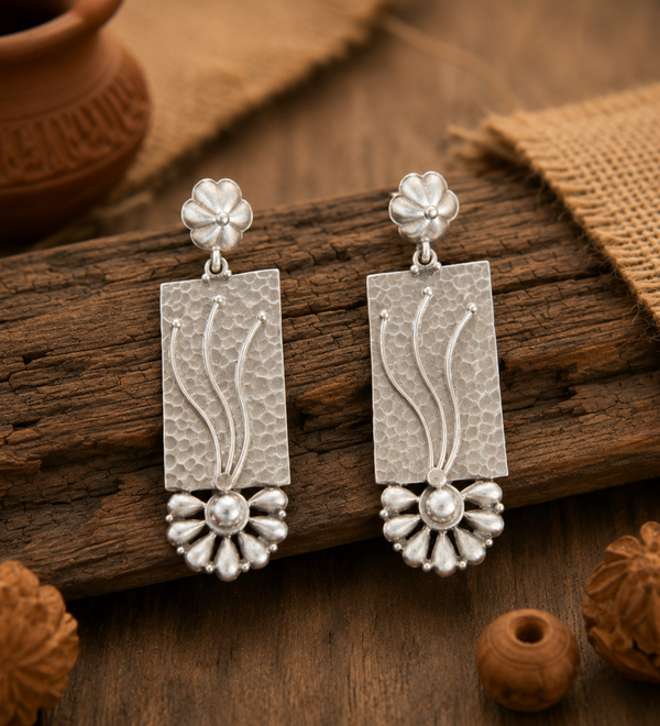 Sterling Silver Hammered Plate Blossom Earrings