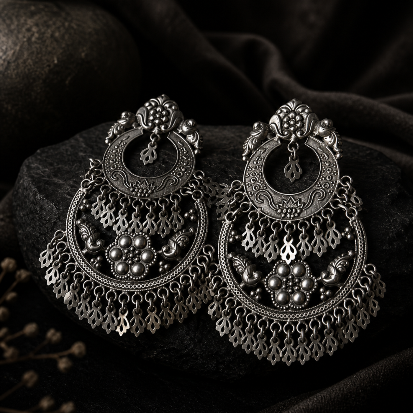 Sterling Silver Heritage Anarkali Rani Style Earring with Self Antique Design