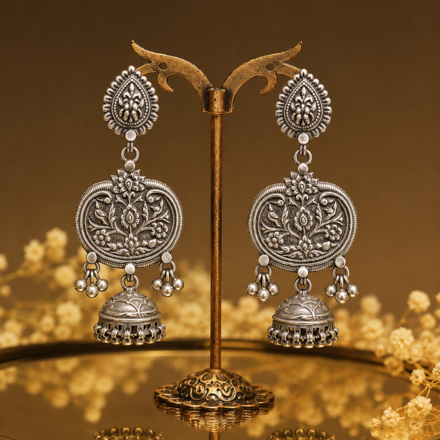 Sterling Silver Heritage Medallion Jhumka Earrings