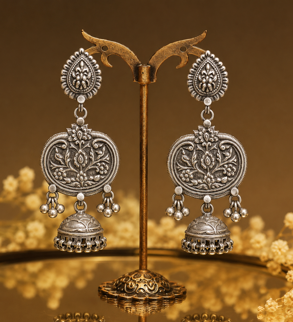 Sterling Silver Heritage Medallion Jhumka Earrings