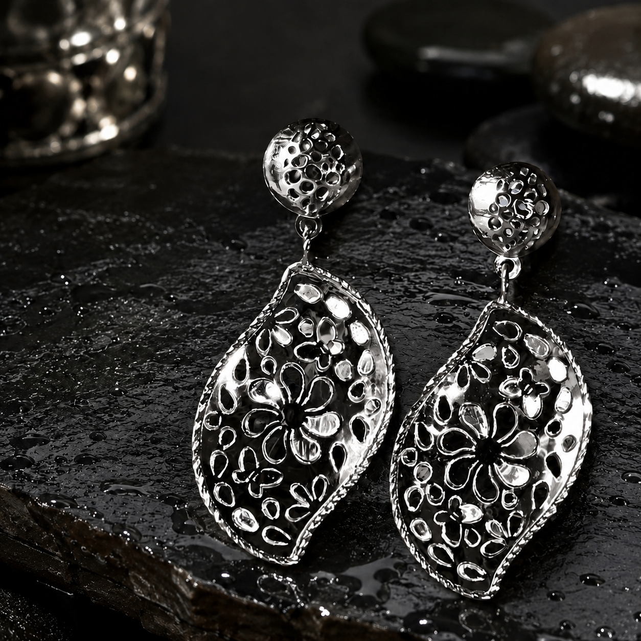 Sterling Silver Leaf Droplet Flower Earrings