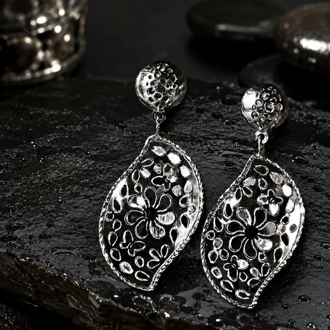 Sterling Silver Leaf Droplet Flower Earrings
