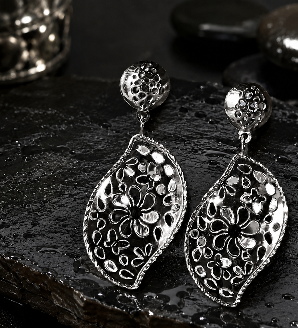 Sterling Silver Leaf Droplet Flower Earrings