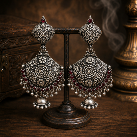 Sterling Silver Maharani Antique Ruby Jhumka Earrings