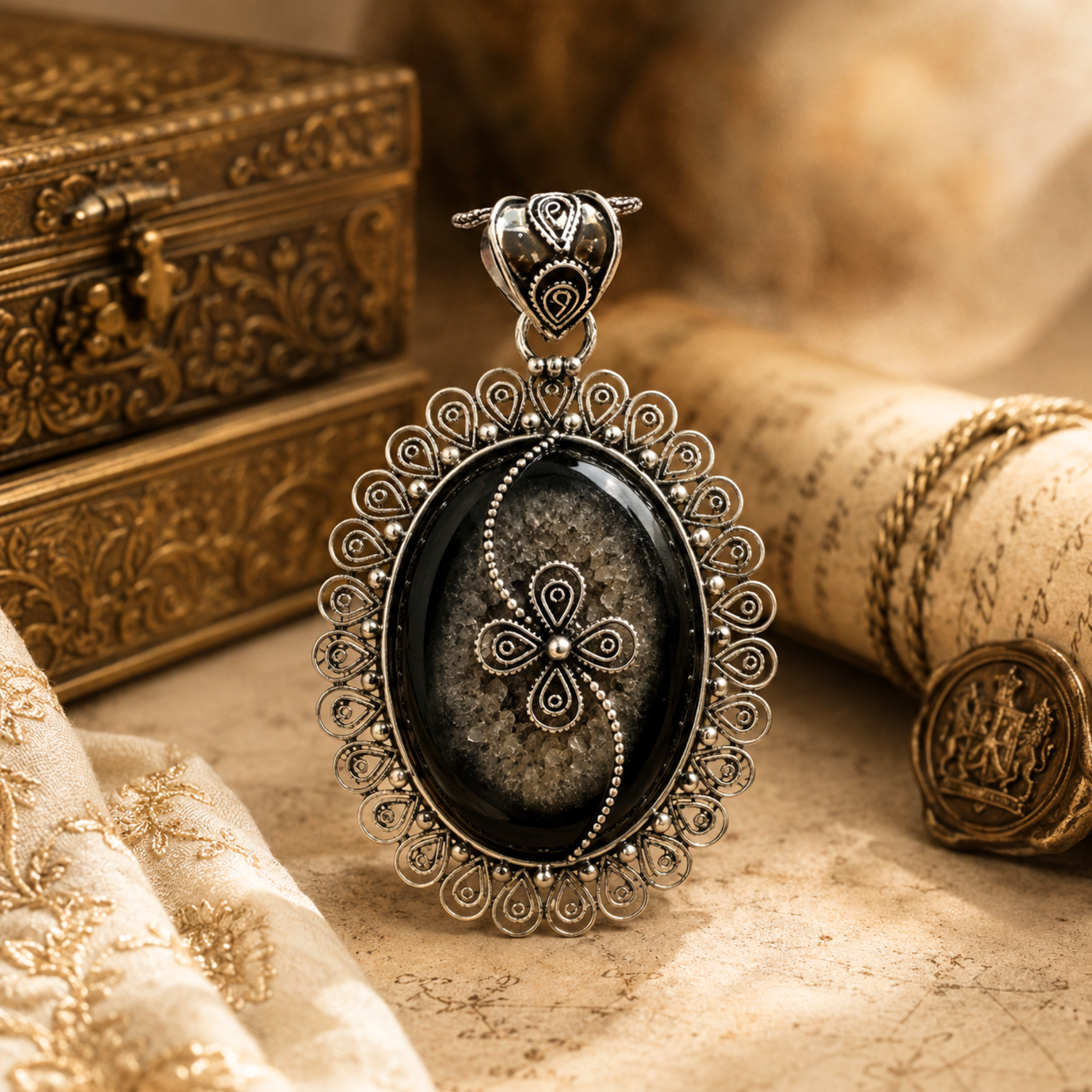 Sterling Silver Nazar Raksha Black Druzy Kavach Pendant