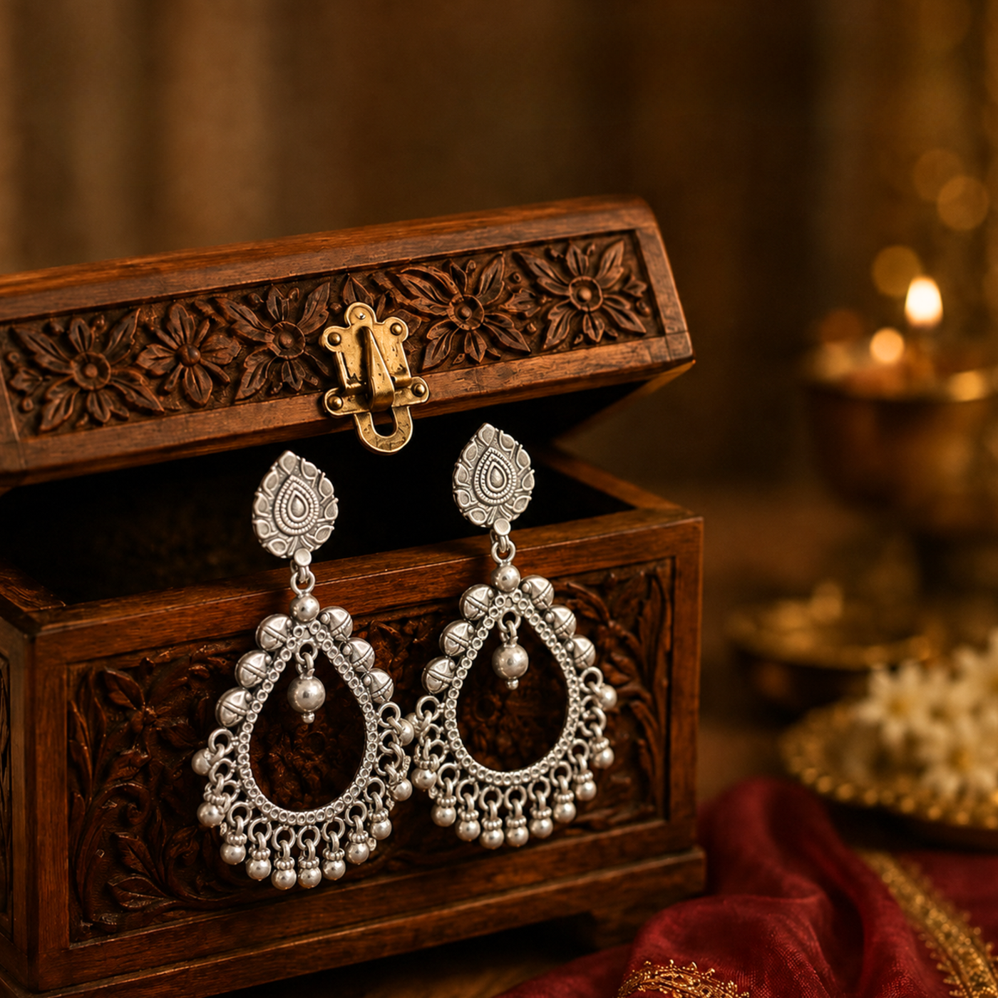 Sterling Silver Ornate Chandbali Drop Earrings