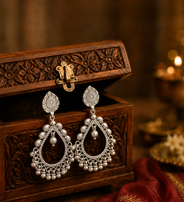 Sterling Silver Ornate Chandbali Drop Earrings