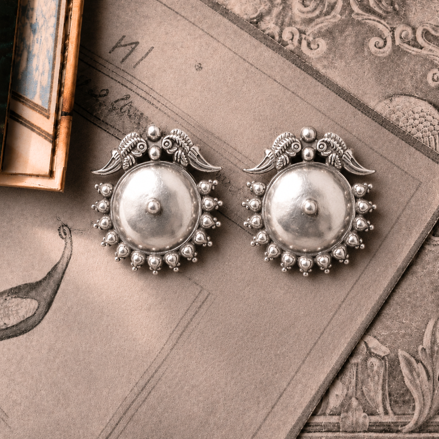 Sterling Silver Peacock Crest Dome Stud Earrings