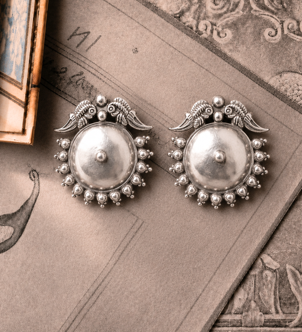 Sterling Silver Peacock Crest Dome Stud Earrings