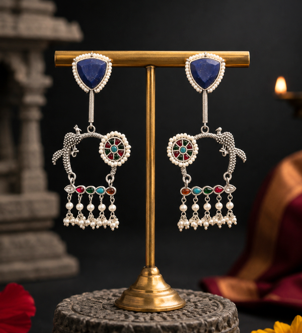 Sterling Silver Peacock Kundan Jhumka Earrings