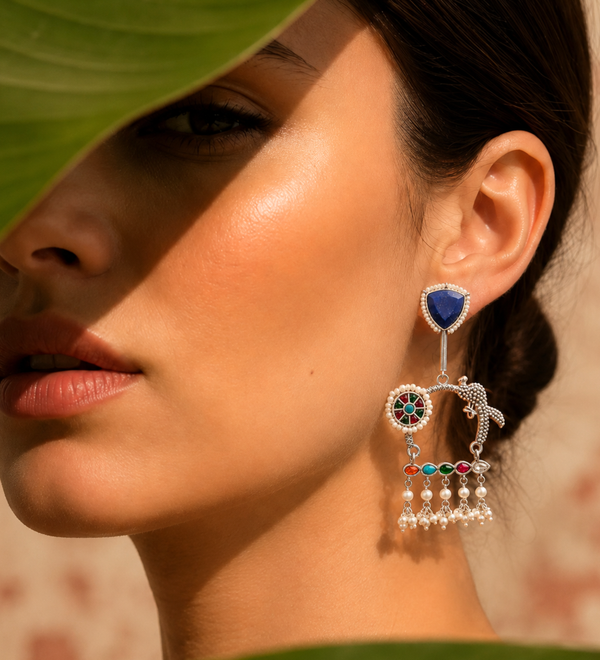 Sterling Silver Peacock Kundan Jhumka Earrings
