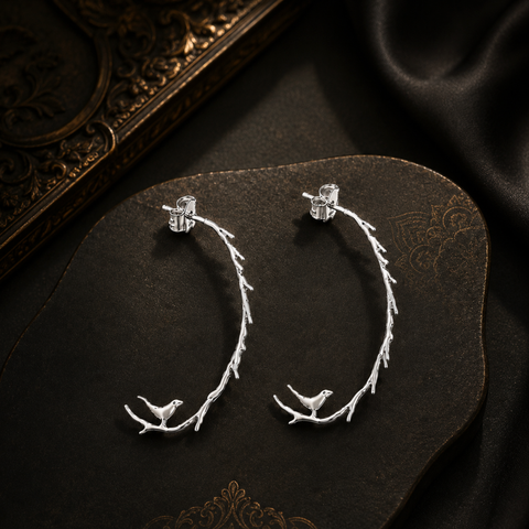 Sterling Silver Perched Sparrow Heritage Earrings