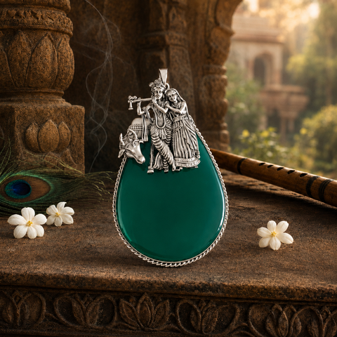 Sterling Silver Radha Krishna Green Onyx Pendant, handcrafted 92.5% sterling silver jewellery by Silver Play